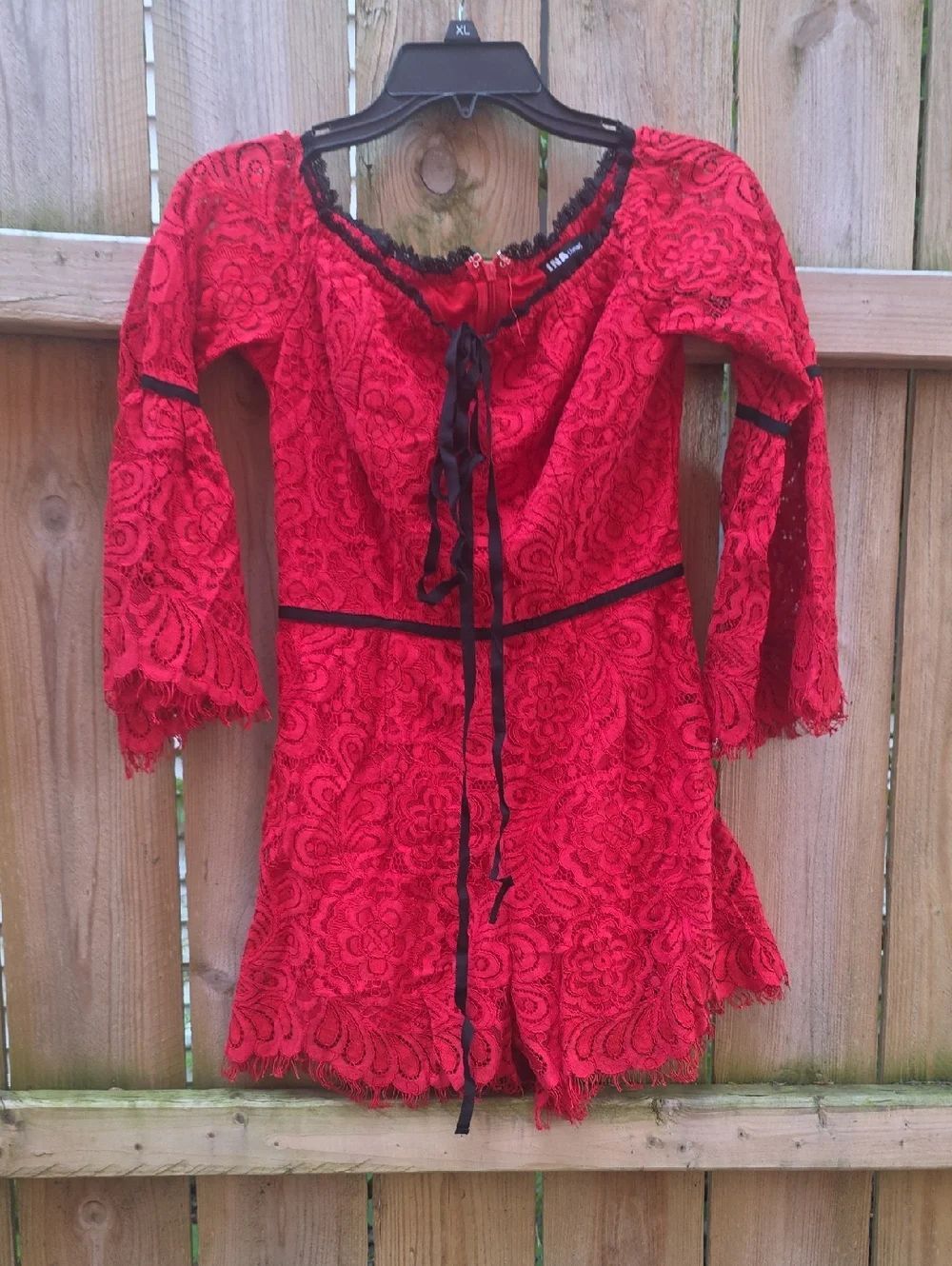 INA Red and Black Lace Trim Romper